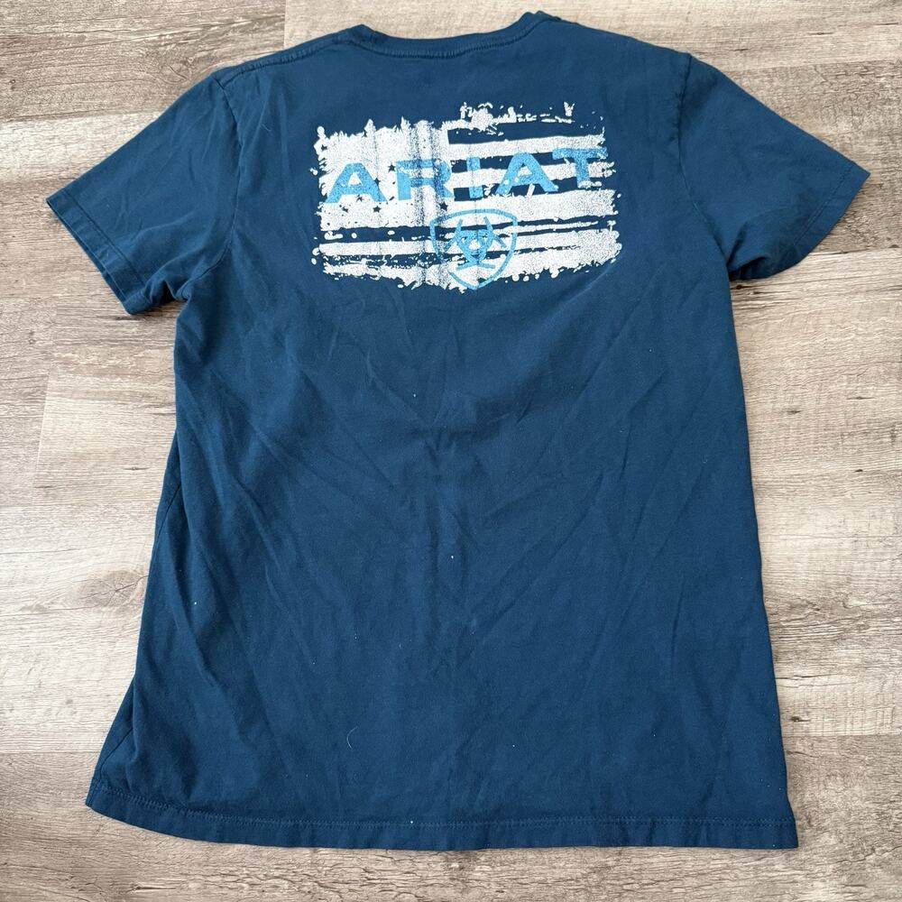 Ariat T-Shirt Mens Sz Small Teal American Flag Graphic Logo Pullover Cotton Tee
